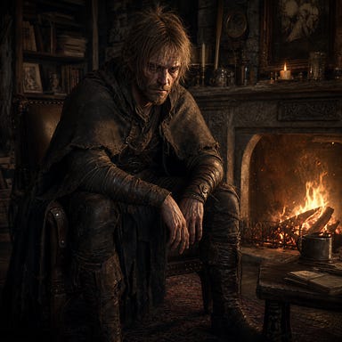 Wiry sandy haired world weary rogue before fireplace in Van Richten's Tower