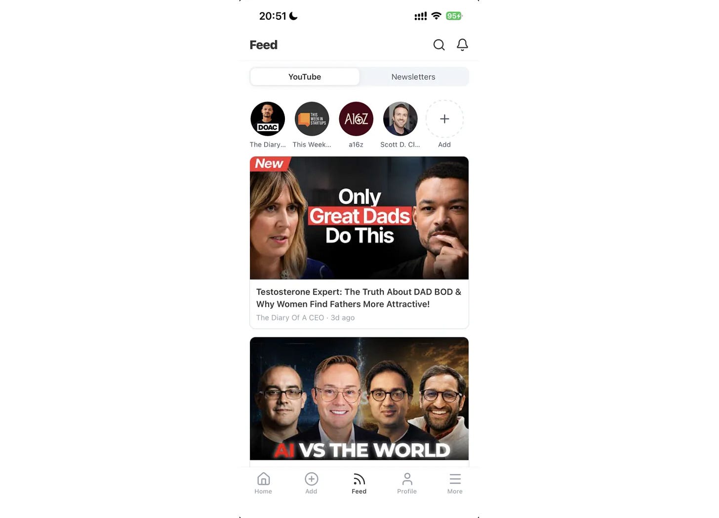 The YouTube segment of the Feed tab, with followed channels across the top The YouTube segment of the Feed tab, with followed channels across the top