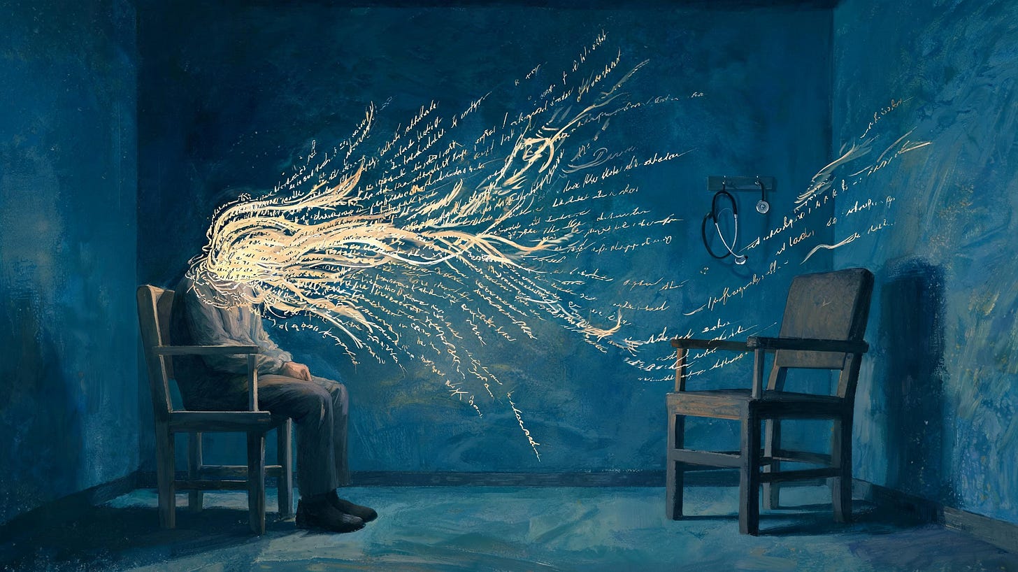 “Abstract oil painting of a seated patient in a dim exam room whose head and chest dissolve into swirling ribbons of handwritten words rushing forward, facing an empty chair and a stethoscope on the wall, symbolizing a story spoken faster than the silence can hold.” (see the generated image above)