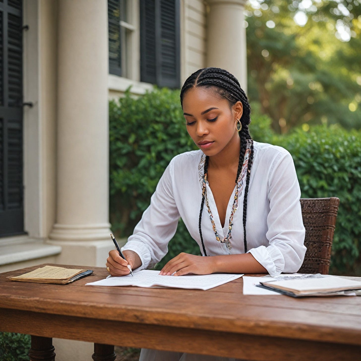 poised African American woman sits outside  writing a letter with elegance and grace at a table. Her casual outfit and confident posture highlight her sophistication against the backdrop of the luxurious estate. Soft natural lighting illuminates her features, creating a warm and inviting ambiance. The imageates timeless beauty and class, evoking a sense of refinement and sophistication. She dresses with bold colors and she wears braids.  She is looking down as she writes.