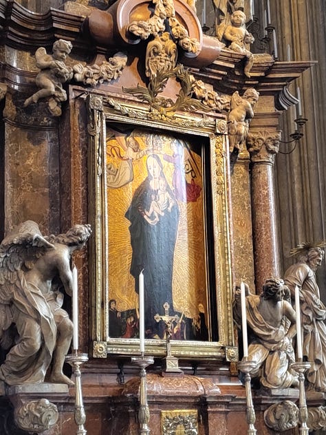 Photos of the exterior and interior of the Stephansdom, a 14th century Gothic cathedral in Vienna.