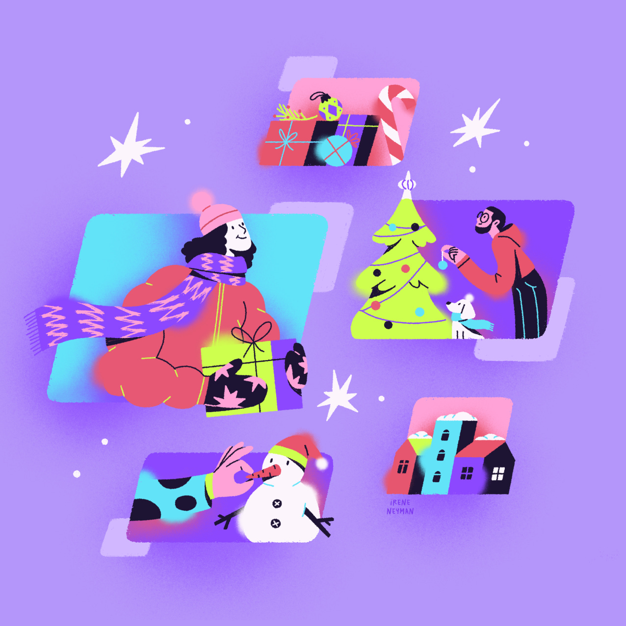 Characters in the windows, with gifts and celebrating Christmas, on a purple background.