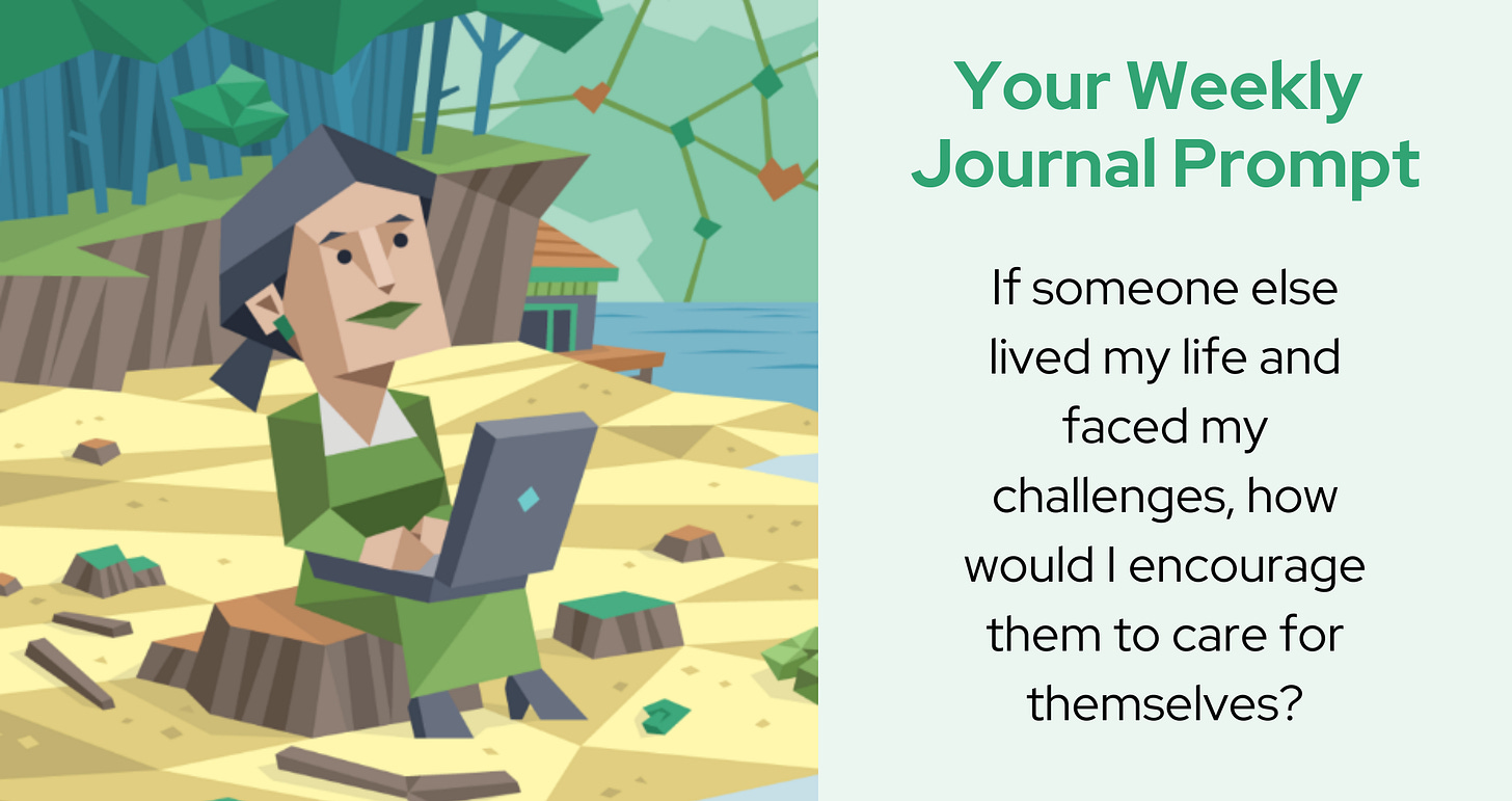 An INFJ woman sits on a tree stump with a laptop, surrounded by a natural setting with trees and water. Next to the image is text that reads "Your Weekly Journal Prompt" followed by a question: If someone else lived my life and faced my challenges, how would I encourage them to care for themselves?