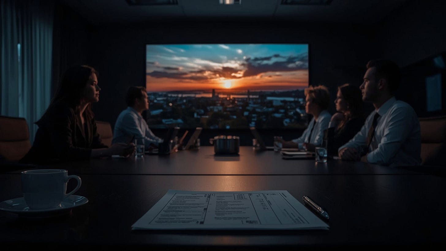 Imagem de uma sala de reunião com pessoas desatentas assistindo a um vídeo bonito em uma tela. Uma xícara de café e um briefing vazio em destaque.