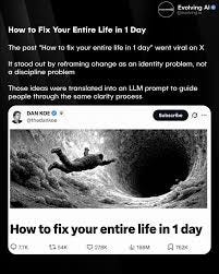 🧠👉 Comment "Prompt" and we'll send you the full prompt in your DM! Dan  Koe's long-form X post went viral because it didn't talk about habits,  routines, or productivity. It reframed change