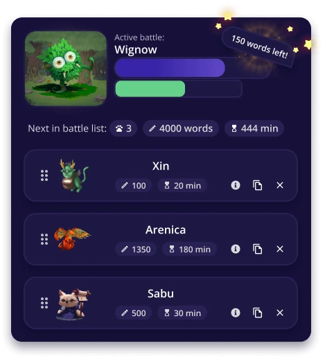 Writing battle list with different word counts and timers