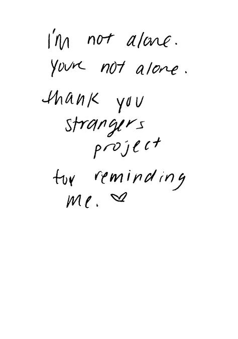 Comment cards left by visitors at the Strangers Project exhibit