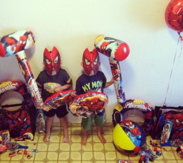 What you can find at Party City and Dollar Stores, mostly, to spoil kids at a super hero party ...