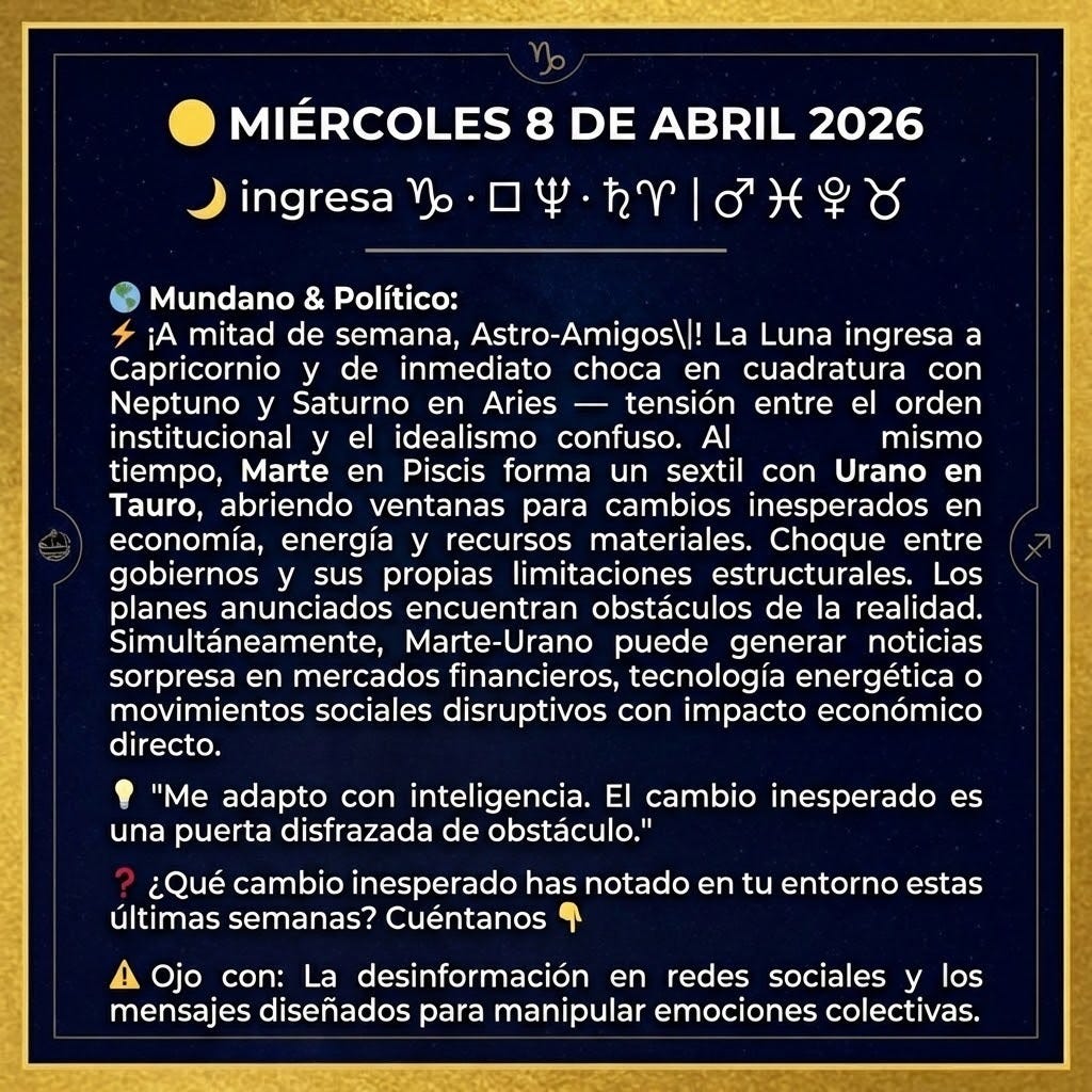create a square image with the following information. Use a gold frame used on the first image: "🟡 MIÉRCOLES 8 DE ABRIL 2026
🌙 ingresa ♑ · □ ♆♈ · ♄♈ | ♂♓ ⚹ ♅♉
🌍 Mundano & Político:
⚡ ¡A mitad de semana, Astro-Amigos!
La Luna ingresa a Capricornio y de inmediato choca en cuadratura con Neptuno y Saturno en Aries — tensión entre el orden institucional y el idealismo confuso. Al mismo tiempo, Marte en Piscis forma un sextil con Urano en Tauro, abriendo ventanas para cambios inesperados en economía, energía y recursos materiales.
Choque entre gobiernos y sus propias limitaciones estructurales. Los planes anunciados encuentran obstáculos de la realidad. Simultáneamente, Marte-Urano puede generar noticias sorpresa en mercados financieros, tecnología energética o movimientos sociales disruptivos con impacto económico directo.
💡 "Me adapto con inteligencia. El cambio inesperado es una puerta disfrazada de obstáculo."
❓ ¿Qué cambio inesperado has notado en tu entorno estas últimas semanas? Cuéntanos 👇
⚠️ Ojo con: La desinformación en redes sociales y los mensajes diseñados para manipular emociones colectivas." create a square image with the following information. Use a gold frame used on the first image: "🟡 MIÉRCOLES 8 DE ABRIL 2026
🌙 ingresa ♑ · □ ♆♈ · ♄♈ | ♂♓ ⚹ ♅♉
🌍 Mundano & Político:
⚡ ¡A mitad de semana, Astro-Amigos!
La Luna ingresa a Capricornio y de inmediato choca en cuadratura con Neptuno y Saturno en Aries — tensión entre el orden institucional y el idealismo confuso. Al mismo tiempo, Marte en Piscis forma un sextil con Urano en Tauro, abriendo ventanas para cambios inesperados en economía, energía y recursos materiales.
Choque entre gobiernos y sus propias limitaciones estructurales. Los planes anunciados encuentran obstáculos de la realidad. Simultáneamente, Marte-Urano puede generar noticias sorpresa en mercados financieros, tecnología energética o movimientos sociales disruptivos con impacto económico directo.
💡 "Me adapto con inteligencia. El cambio inesperado es una puerta disfrazada de obstáculo."
❓ ¿Qué cambio inesperado has notado en tu entorno estas últimas semanas? Cuéntanos 👇
⚠️ Ojo con: La desinformación en redes sociales y los mensajes diseñados para manipular emociones colectivas."
