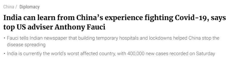 Fauci says India can learn from China on covid.