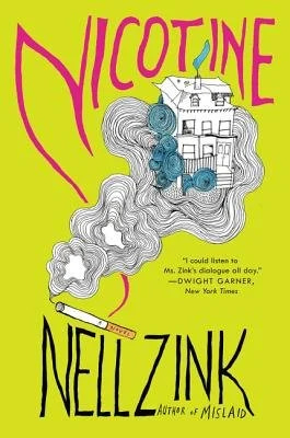 A hand holding a hand sanitizer spray bottle; a green glossy box tissue cover; a flat lay of supplements; a to-go cup of soup; the book cover for Nicotine by Nell Zink; linen striped sheets