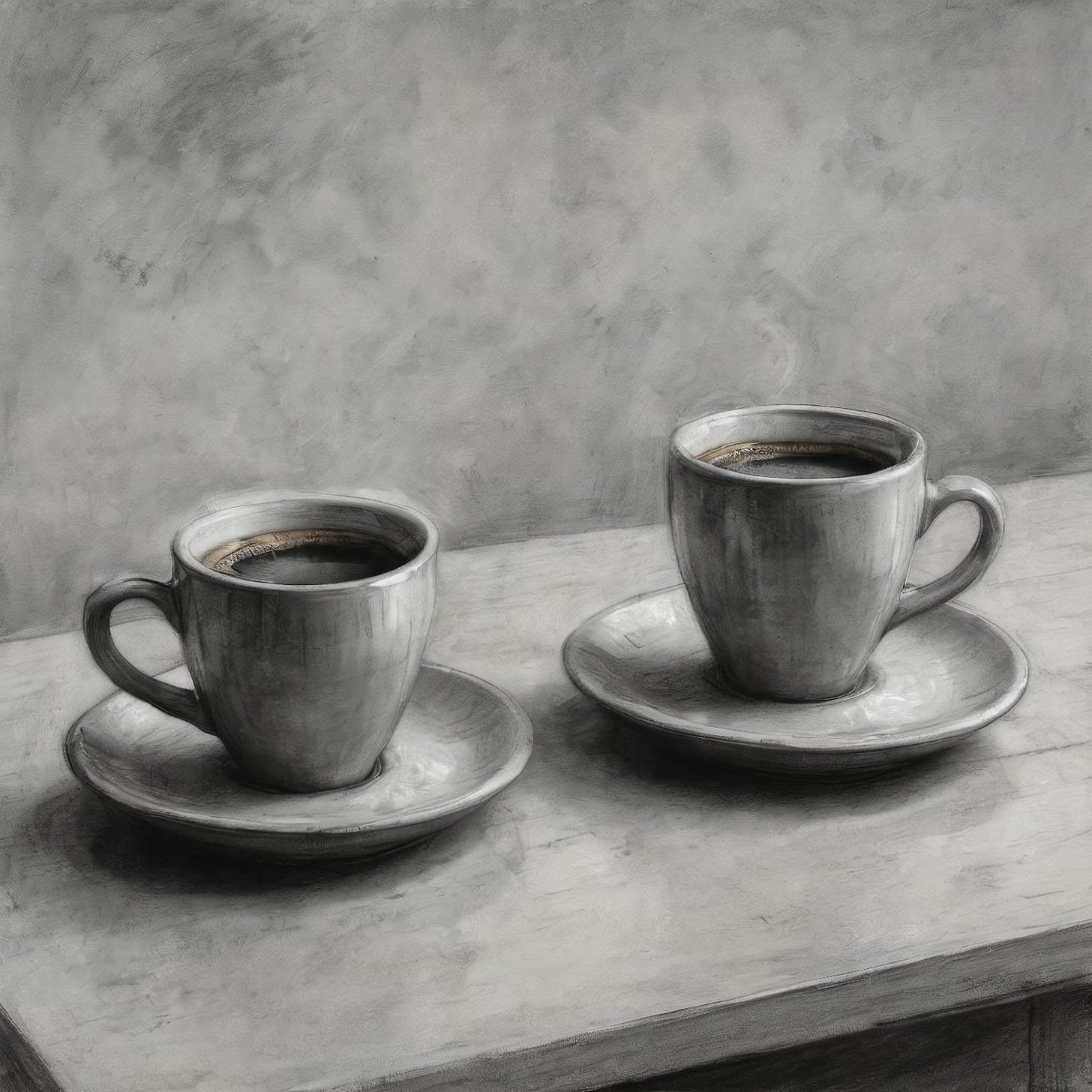 A pair of steaming coffee cups with saucers, resting on a whiteish wooden surface, grey background