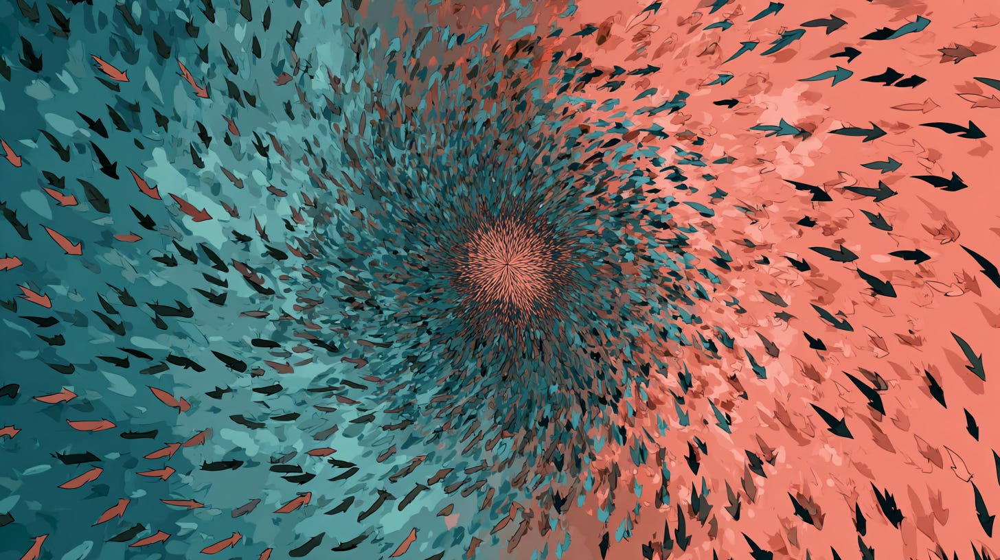 A swirl of arrows going in different directions. Green and pink colours.