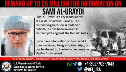 The notice offering a cash reward to anyone who provides information about Al-Uraydi (US Department of State, April 11, 2023) The notice offering a cash reward to anyone who provides information about Al-Uraydi (US Department of State, April 11, 2023)