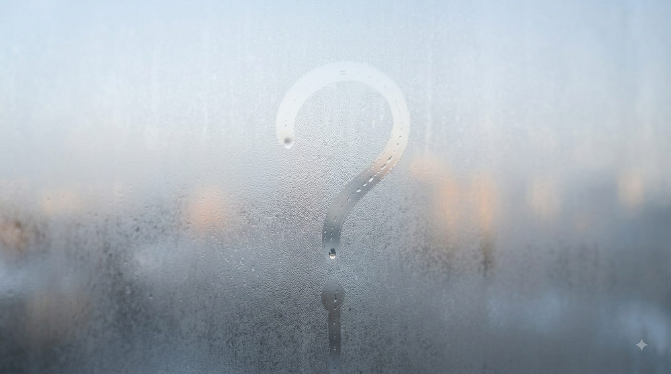 A question mark traced with a fingertip in the condensation on a fogged window A question mark traced with a fingertip in the condensation on a fogged window