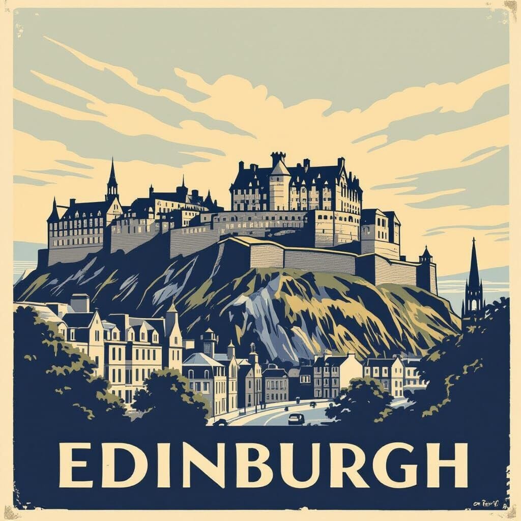 vintage travel poster of Edinburgh, dramatic view of Edinburgh Castle, 
etching engraving style illustration, monochrome...