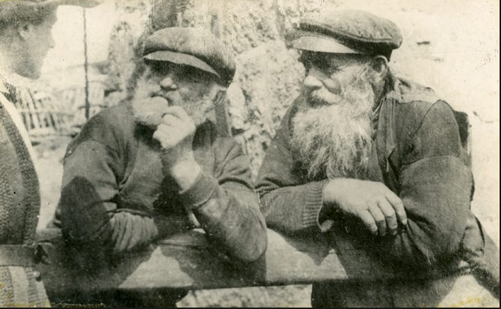 Images from the the Museum of Cornish Life's photographic collection, used with permission. 1. “Cornish fishermen on a bench, Salt Cellar Hill, Porthleven, 1920s-1930s.” 2. “Seagulls by Fishing Boat, Cadgwith, 1928” Photographer Dyott Darwell, Helston. 3. “Pilchard Seining at Gunwalloe, 1890” A huer with bushes is signalling the location of the shoals of pilchards to the seine boats out at sea. 4. “Fishing at Gunwalloe, 1899” 5. Cornish Fishermen at Mevagissey, about 1920 Two Cornish fishermen in conversation with a young lady.