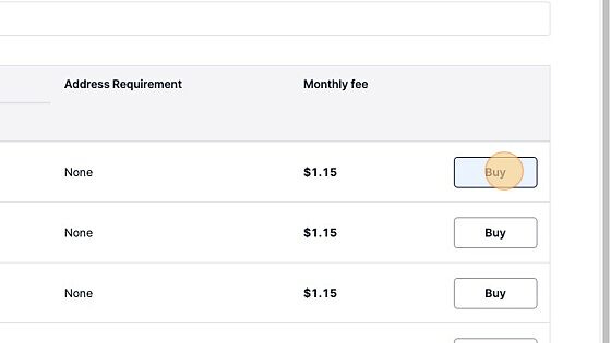 Screenshot of: On the next screen, you can either buy one of the phone number listed or search for one that has an area code you prefer.
Once you decide on a phone number, click "Buy" next to it to initiate the purchase process Screenshot of: On the next screen, you can either buy one of the phone number listed or search for one that has an area code you prefer.
Once you decide on a phone number, click "Buy" next to it to initiate the purchase process