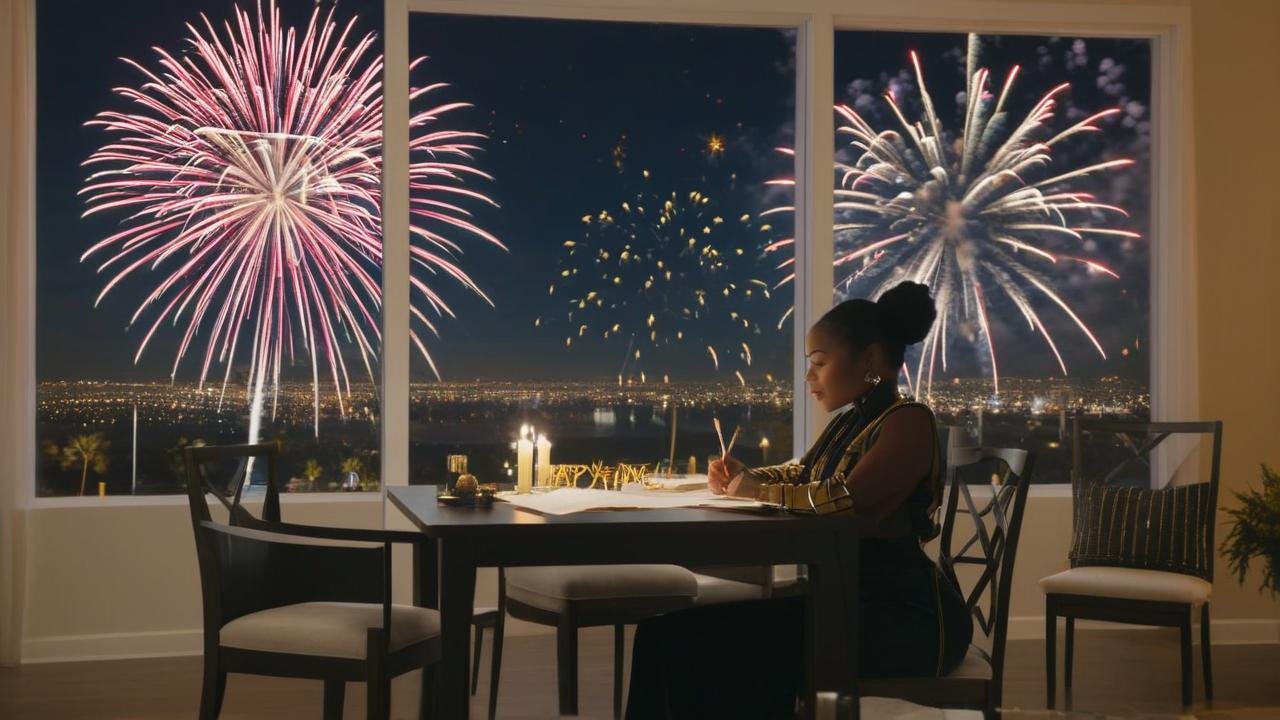 African American woman sitting in an modern dining room.  Writing a letter for the new year.  Fireworks are seen in the window from afar for the New Year - THe word Happy New Year lit in the sky