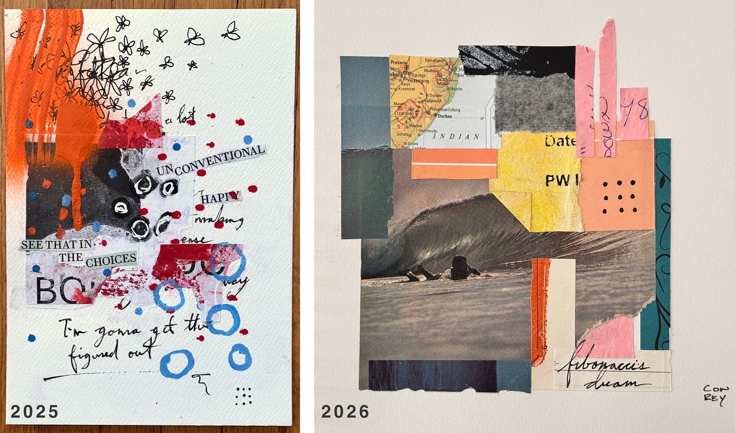 two mixed media collages by dave conrey, 2025 and 2026, left to right two mixed media collages by dave conrey, 2025 and 2026, left to right
