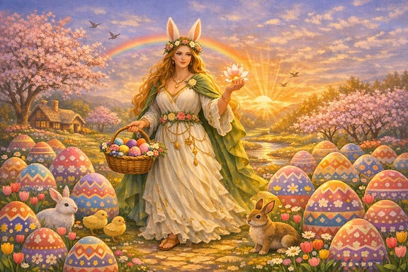 Eostre with Easter eggs in horizontal landscape Eostre with Easter eggs in horizontal landscape