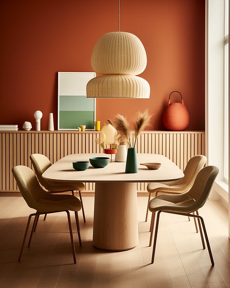 two dining rooms whose styles are blended to create a third