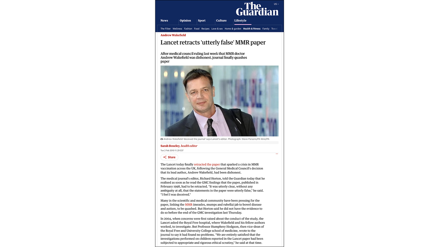 The Guardian, “Lancet retracts ‘utterly false’ MMR paper” (2 February 2010)