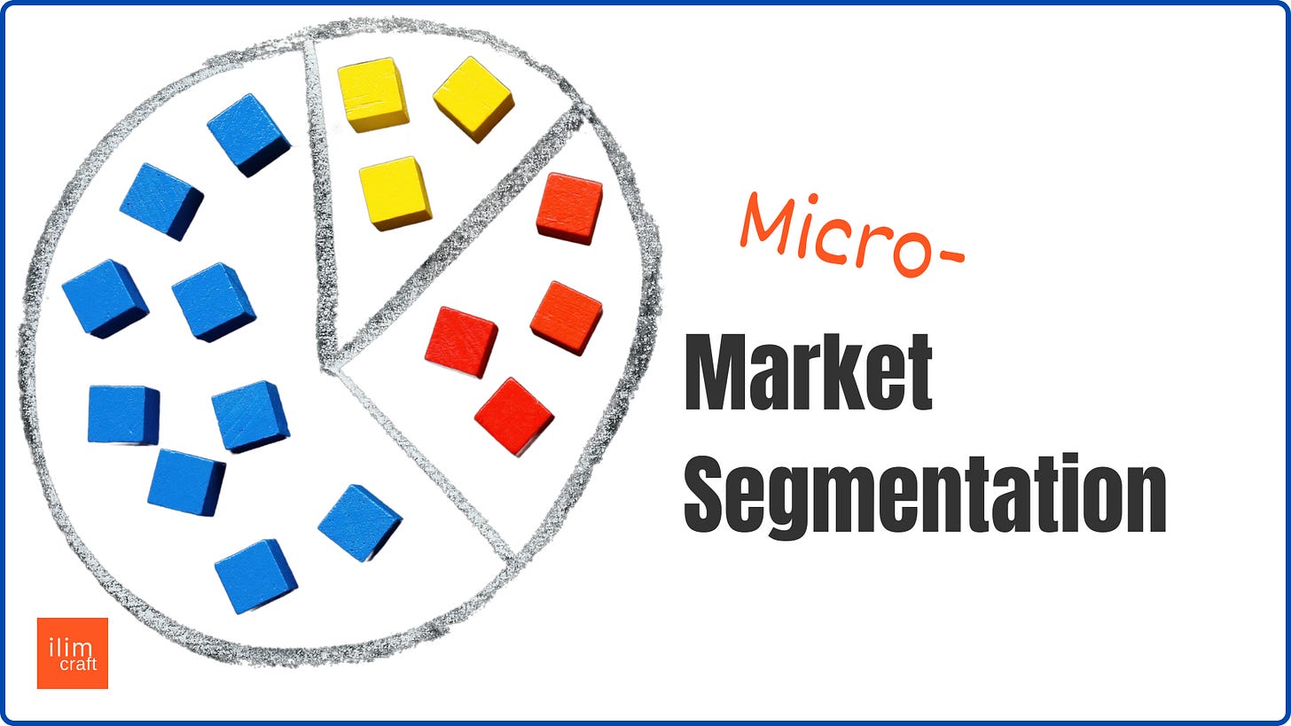 A visual illustration of micro market segmentation. A pie chart divided into colored sections with small, colored cubes representing more granular customer groups, symbolizing the shift from broad market categories to microsegmented customer clusters.