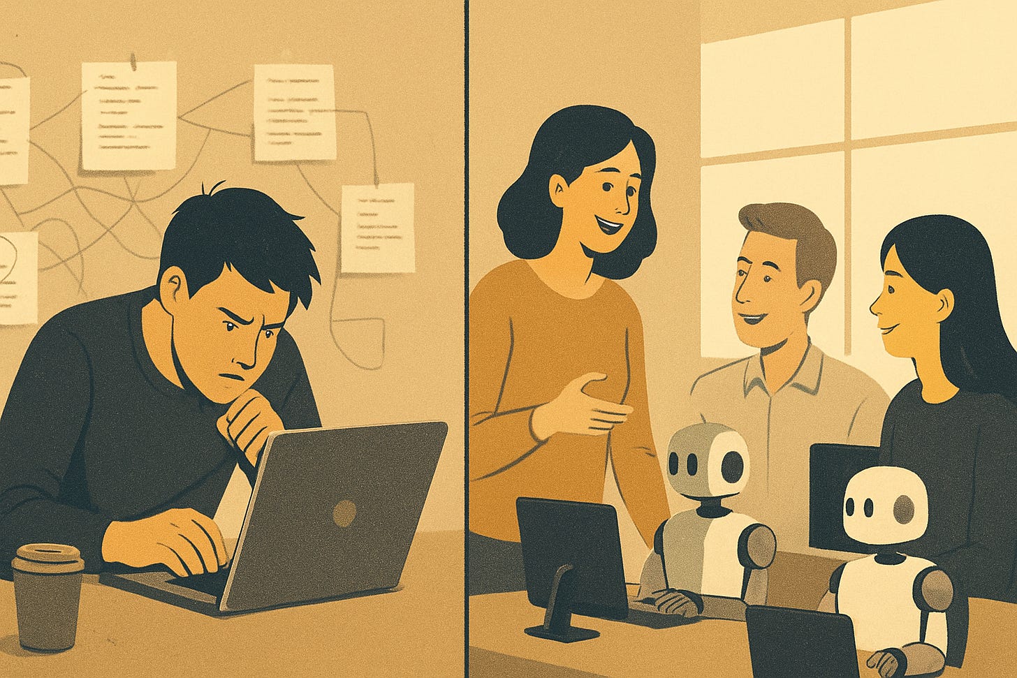 Split screen image of a guy coding away stressed whists someone else is talking to people and there are coding robots around them doing tasks and is happy