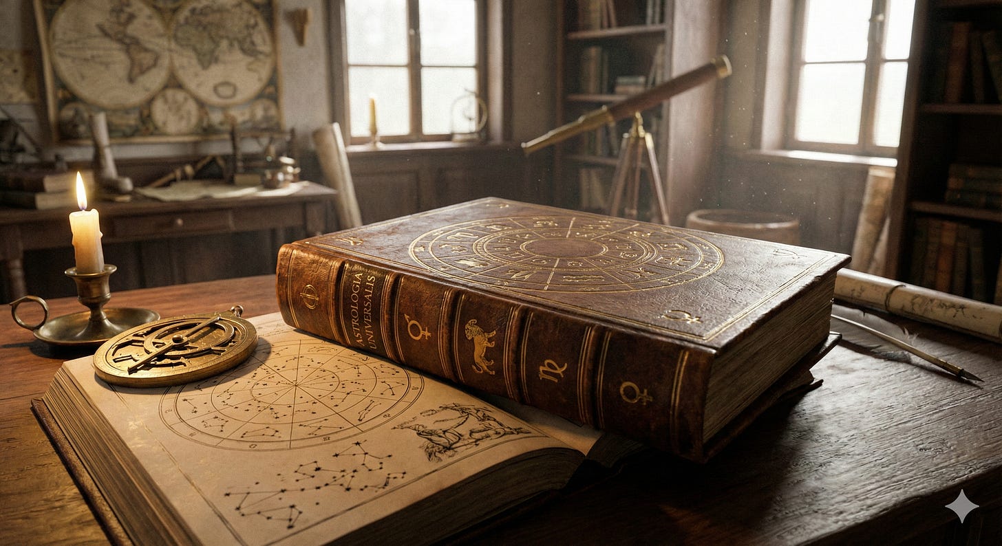 livro de astrologia sobre uma mesa de madeira com velas num escritorio antigo