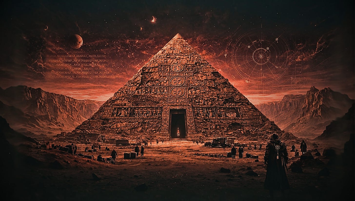 Wide cinematic view of the Pyramid at West Candor Chasma on Mars, an enormous carved pyramid rising from a red desert under a dark starry sky, with distant figures and occult astronomical markings in the sky. Wide cinematic view of the Pyramid at West Candor Chasma on Mars, an enormous carved pyramid rising from a red desert under a dark starry sky, with distant figures and occult astronomical markings in the sky.