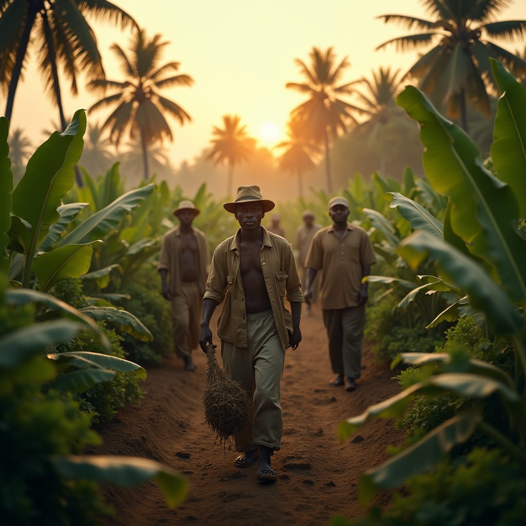 Late 19th century Afro-Caribbean workers laboring on a lush, tropical banana plantation, surrounded by swaying palm trees and dense foliage. Warm, golden light casts long shadows across the scene, as if shot during the golden hour. 