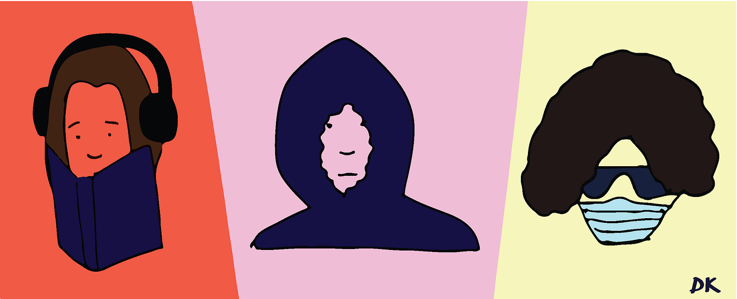 drawing of "neurospice girls" shows girl with noise protections ear muffs reading a book, a girl with a tightly closed hoodie, and a girl with sunglasses and a mask