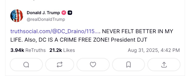 NEVER FELT BETTER IN MY LIFE. Also DC IS A CRIME FREE ZONE NEVER FELT BETTER IN MY LIFE. Also DC IS A CRIME FREE ZONE