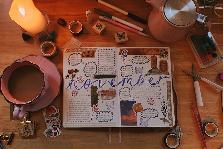 two images of bullet journal spreads about intermezzo by sally rooney and a november wrap up spread