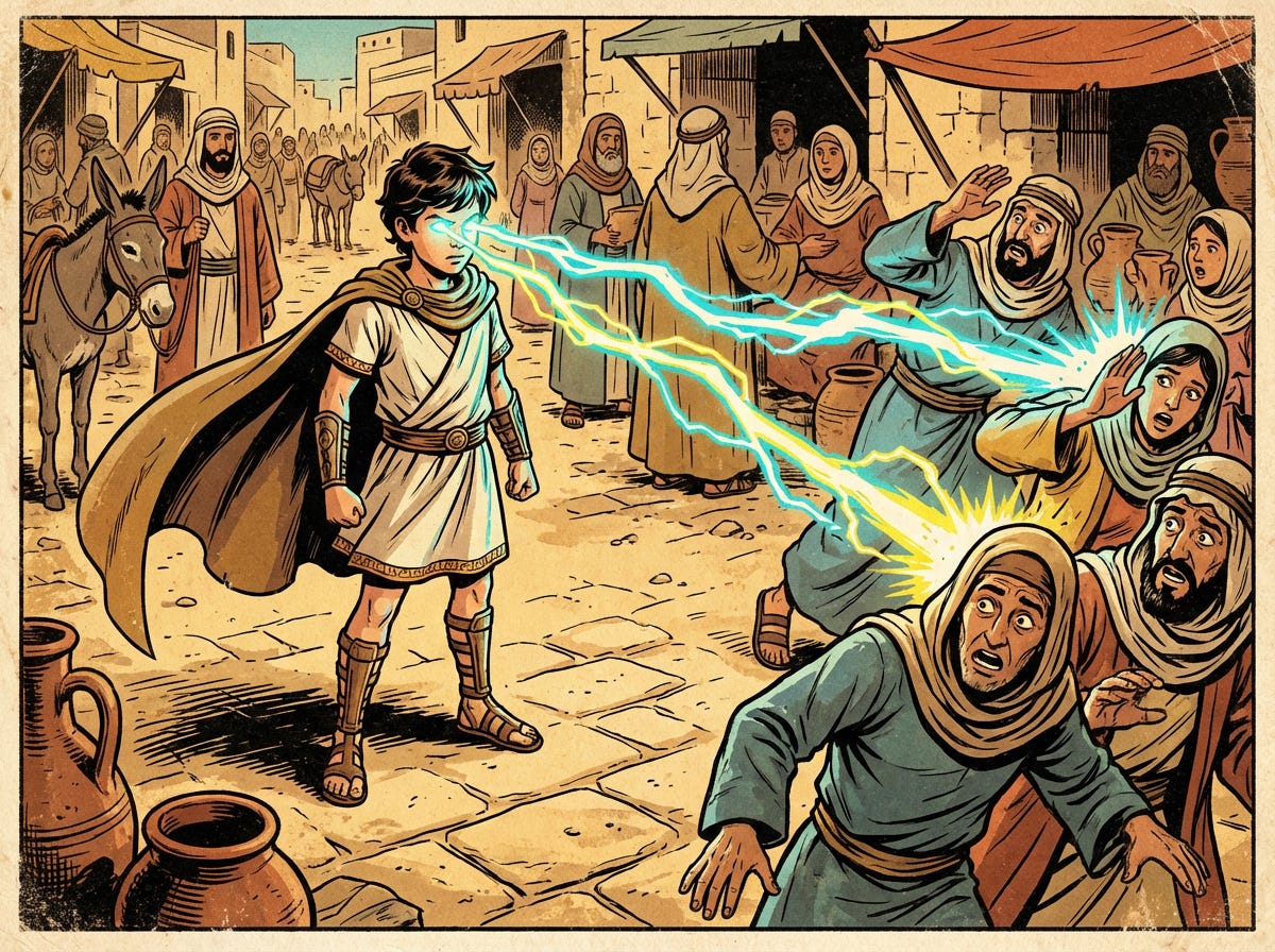 Boy Jesus zapping people with his laser beam eyes