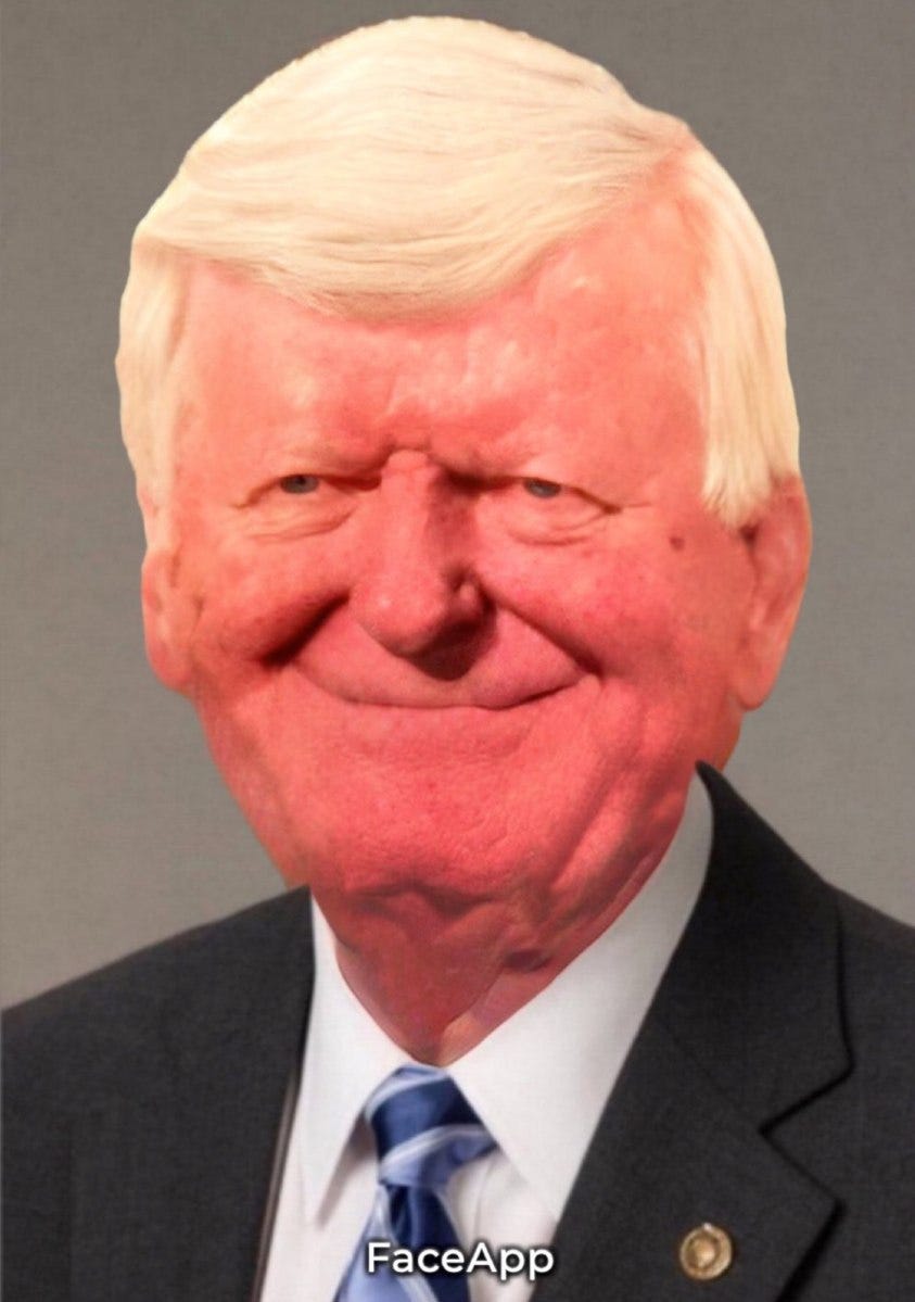 A FaceApp generate image averaging 50 GOP politicians, resulting in a ruddy faced caucasian man with loose jowls, white hair, and tightly packed facial features.