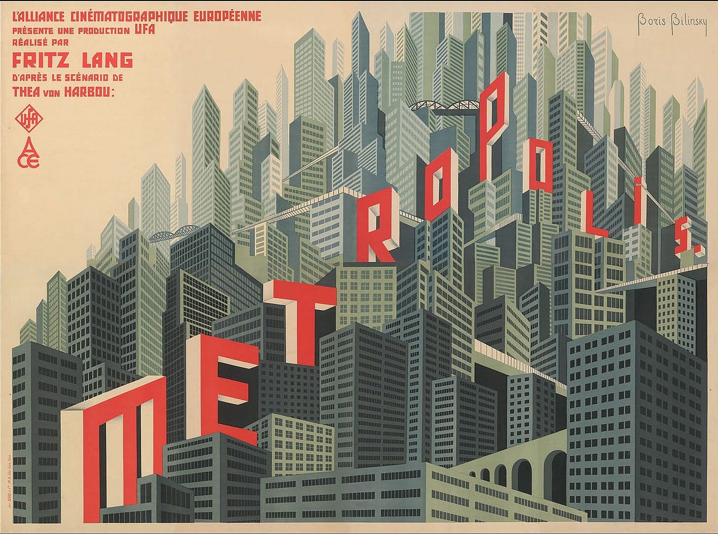 A movie poster for Fritz Lang’s film, Metropolis. The poster shows a graphical depiction of a towering city with the word Metropolis in red over the top. A movie poster for Fritz Lang’s film, Metropolis. The poster shows a graphical depiction of a towering city with the word Metropolis in red over the top.