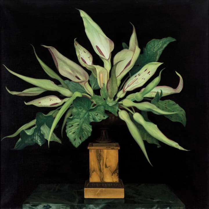 1) A vibrant arrangement of green calla lilies with speckled leaves and petals sits in a brown vase on a marble pedestal against a dark background, creating a stark contrast. 2) A painting of a classical white vase holding an elegant arrangement of white and light pink flowers, including lilies and calla lilies, set against a neutral grey background. The scene conveys tranquility. The vase is sitting on a table. There are green leaves and stems surrounding the flowers.