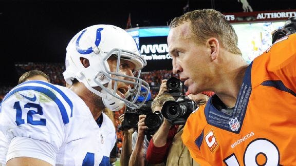 andrew luck and peyton manning face off colts vs broncos nfl 2015 andrew luck and peyton manning face off colts vs broncos nfl 2015