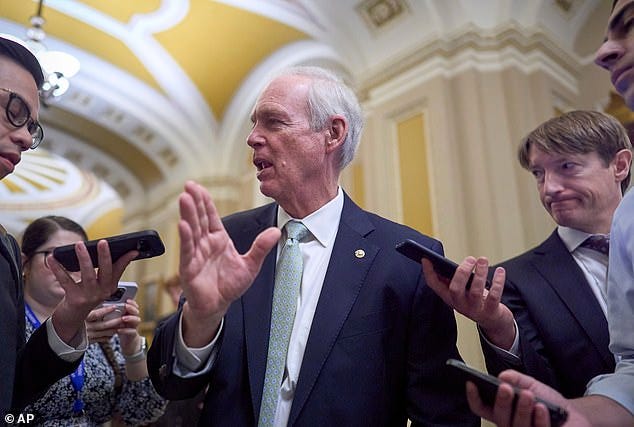 Sen. Ron Johnson, R-Wis., a member of the Senate Finance Committee, speaks to reporters after a meeting with fellow Republicans on advancing President Donald Trump's bill of tax breaks and spending cuts, at the Capitol in Washington, Wednesday, June 4, 2025.