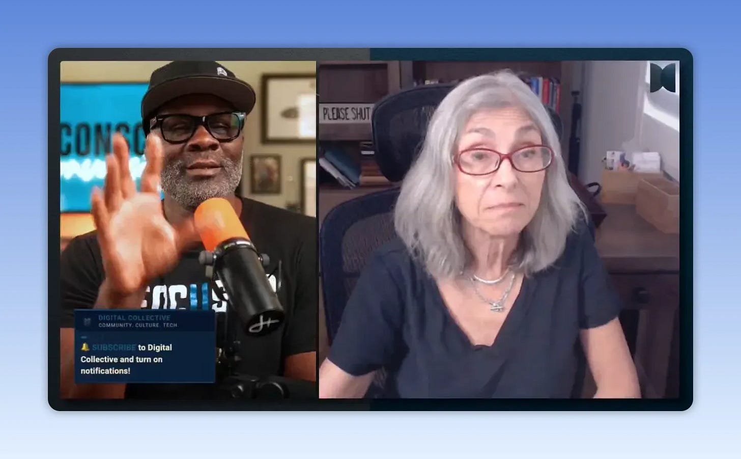 Split-screen screenshot showing a host and guest discussing AI governance and keeping a human voice in business decision-making
