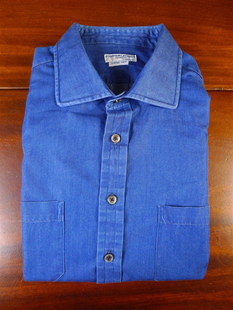 24/0940 immaculate stephen lachter savile row bespoke blue cotton s/cuff shirt 18.5