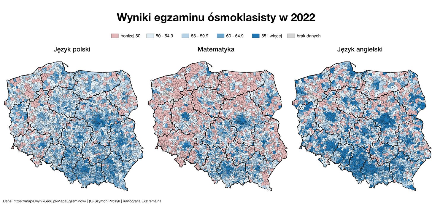 May be an image of map and text that says 'poniżej50 Język polski -54.9 Wyniki egzaminu ósmoklasisty w 2022 55 59.9 60 64.9 65iwięce brak danych Matematyka Językangielski angielski Kartografia kstremalna'