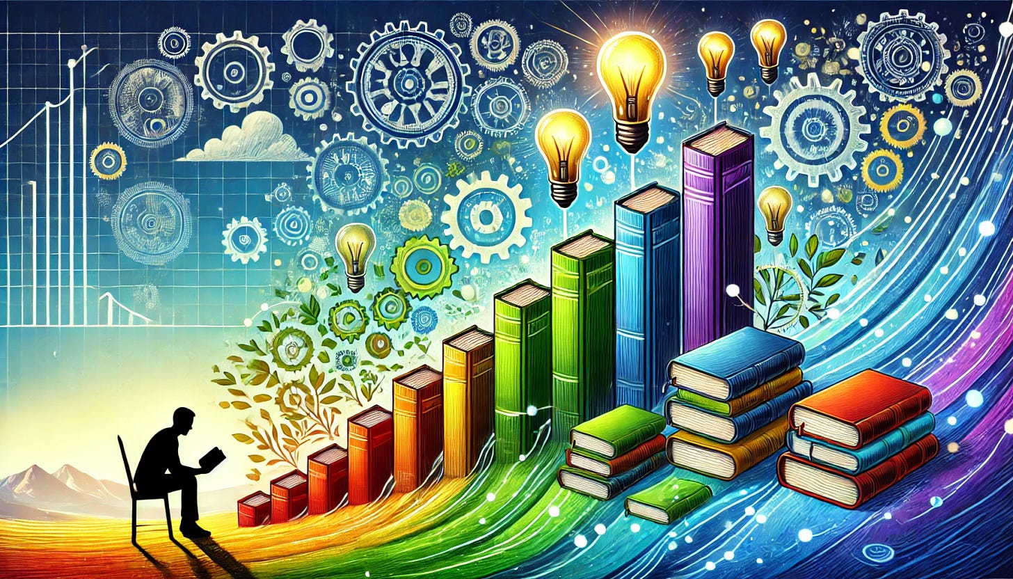 A multicolor landscape illustration showing the compounding effect through reading and learning. The image features books stacked higher and higher, symbolizing the accumulation of knowledge over time. As the stack of books grows, lightbulbs and gears around it represent new ideas and understanding. A figure is seen reading at the base, with more books gradually appearing as the knowledge compounds. The background includes vibrant gradients of blue, green, and yellow, symbolizing growth, creativity, and wisdom, with the overall theme of progress through consistent learning and reading.