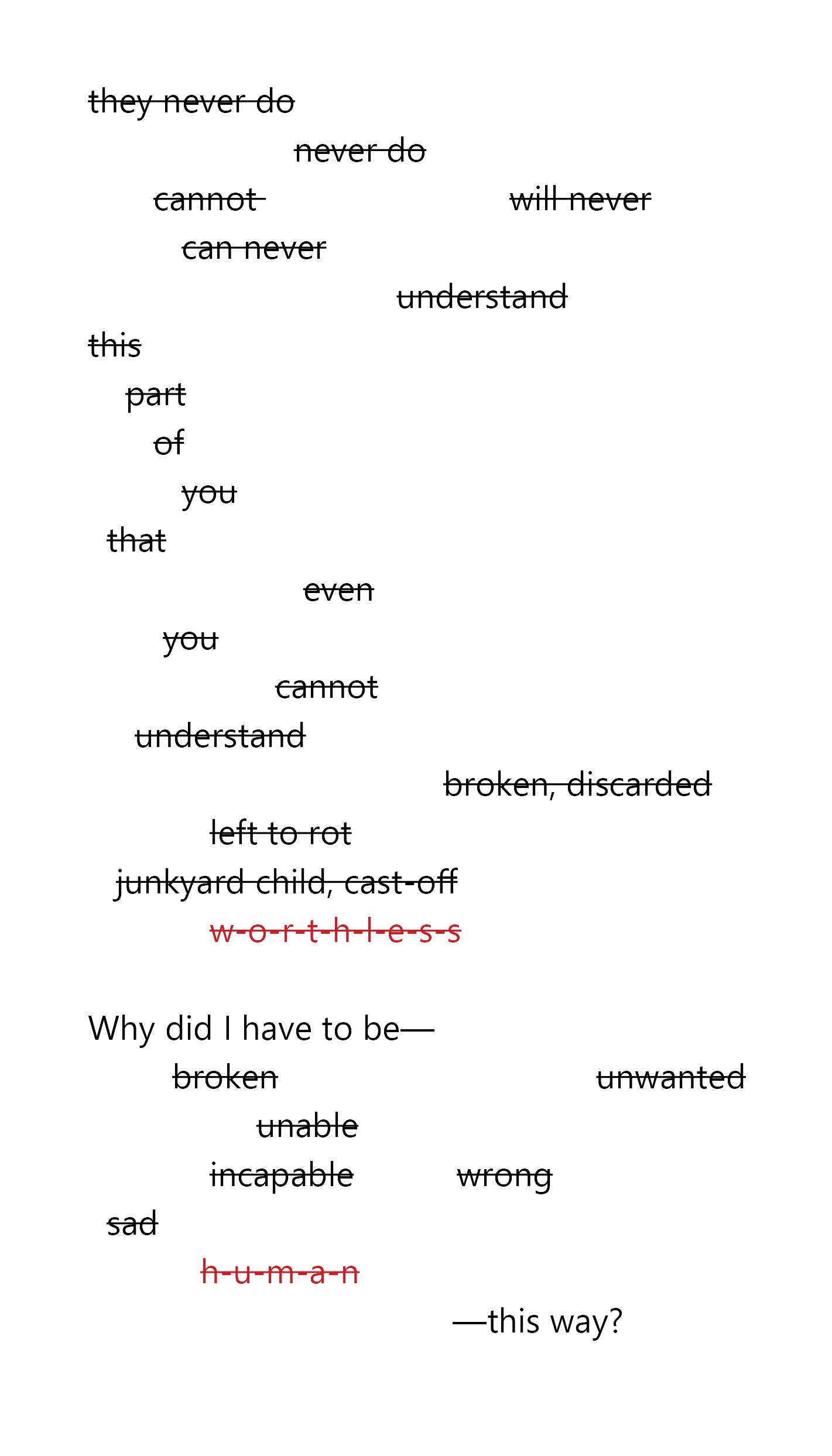 Words. They read, "they never do                       never do        cannot                           will never           can never                                  understand this     part        of           you   that                        even          you                     cannot      understand                                       broken, discarded              left to rot    junkyard child, cast-off              w-o-r-t-h-l-e-s-s  Why did I have to be—          broken                                  unwanted                   unable              incapable           wrong   sad             h-u-m-a-n                                        —this way?" "Worthless" and "Human" are in red.