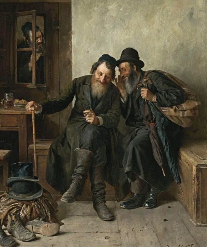 This may contain: two men sitting next to each other on a bench in front of a mirror and another man with a cane