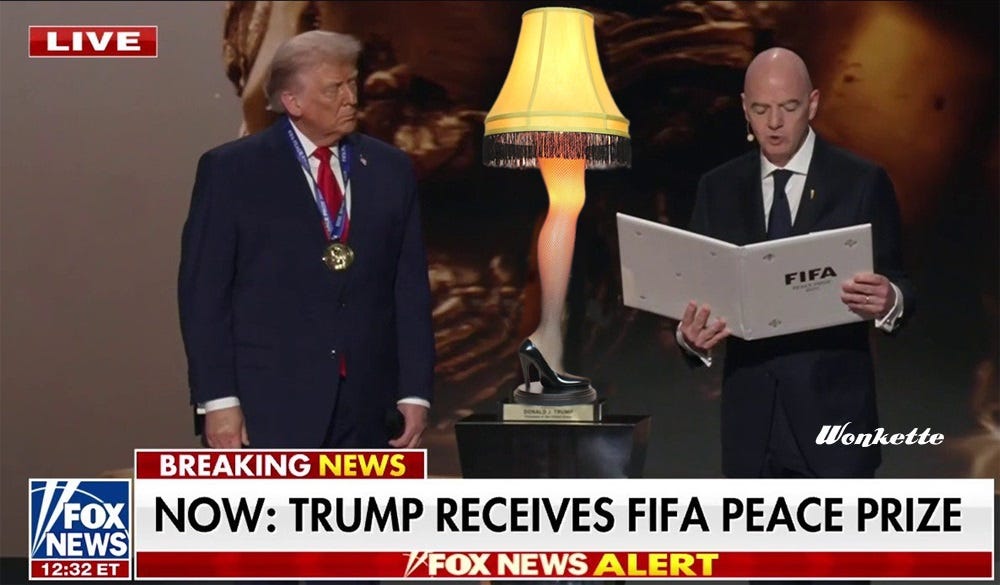 Photoshopped Fox News screenshot of Donald Trump receiving the 'FIFA Peace Prize,' but the trophy has been digitally replaced with the 'major award' lamp (a lampshade on a realistic replica of a woman's leg in a fishnet stocking and high heel shoe) from 'A Christmas Story'