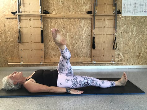 seven photos with a white haired woman in exercise clothing doing each of the Pilates exercises listed in the email