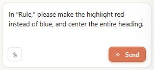 Targeted Claude Design chat asking for a change within the “Rule” chapter.